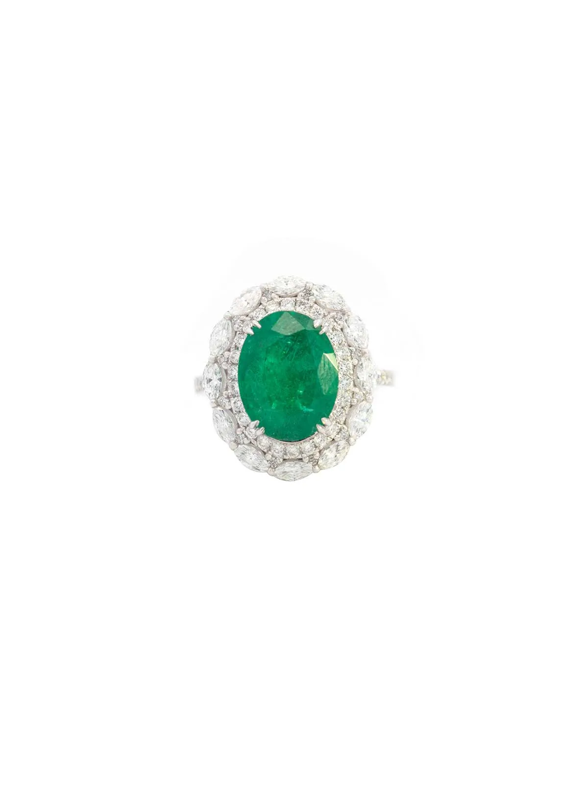 6.03ct Diamond Emerald 18K Gold Sunburst Ring sold by Wish Fine Jewelry