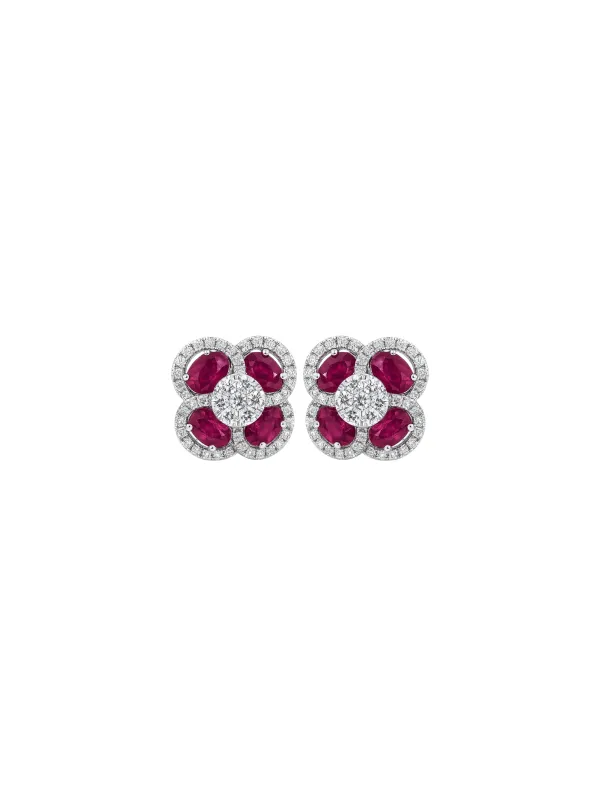 5.76 Diamond Ruby 14K Gold Flower Cluster Earrings sold by Wish Fine Jewelry