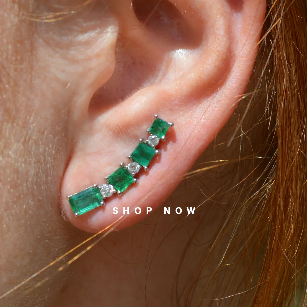 2.99ct Diamond Emerald 18K Gold Climber Earrings sold by Wish Fine Jewelry product image thumbnail 2