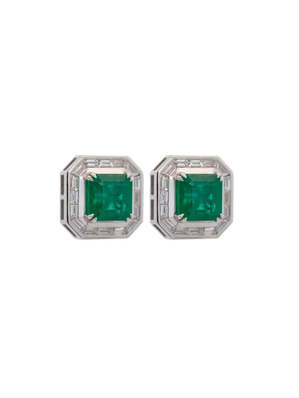 10.02ct Emerald Diamond 18K Gold Halo Earrings sold by Wish Fine Jewelry