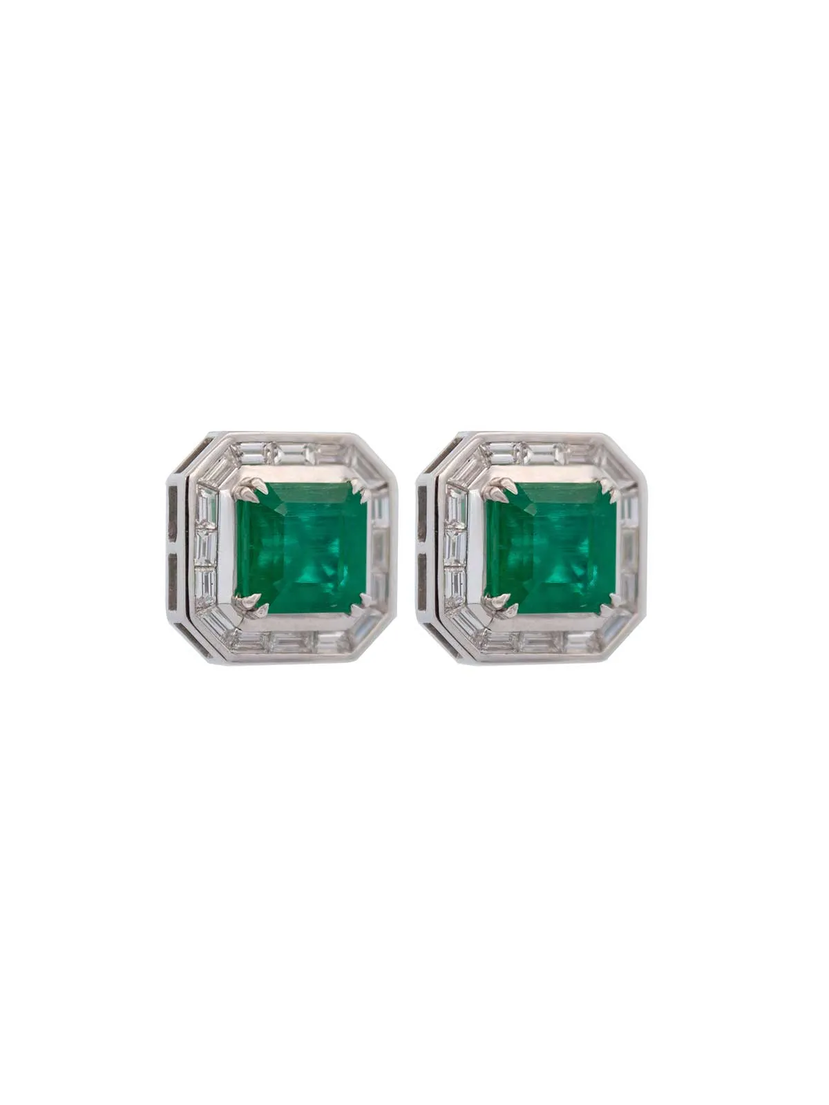 10.02ct Emerald Diamond 18K Gold Halo Earrings sold by Wish Fine Jewelry