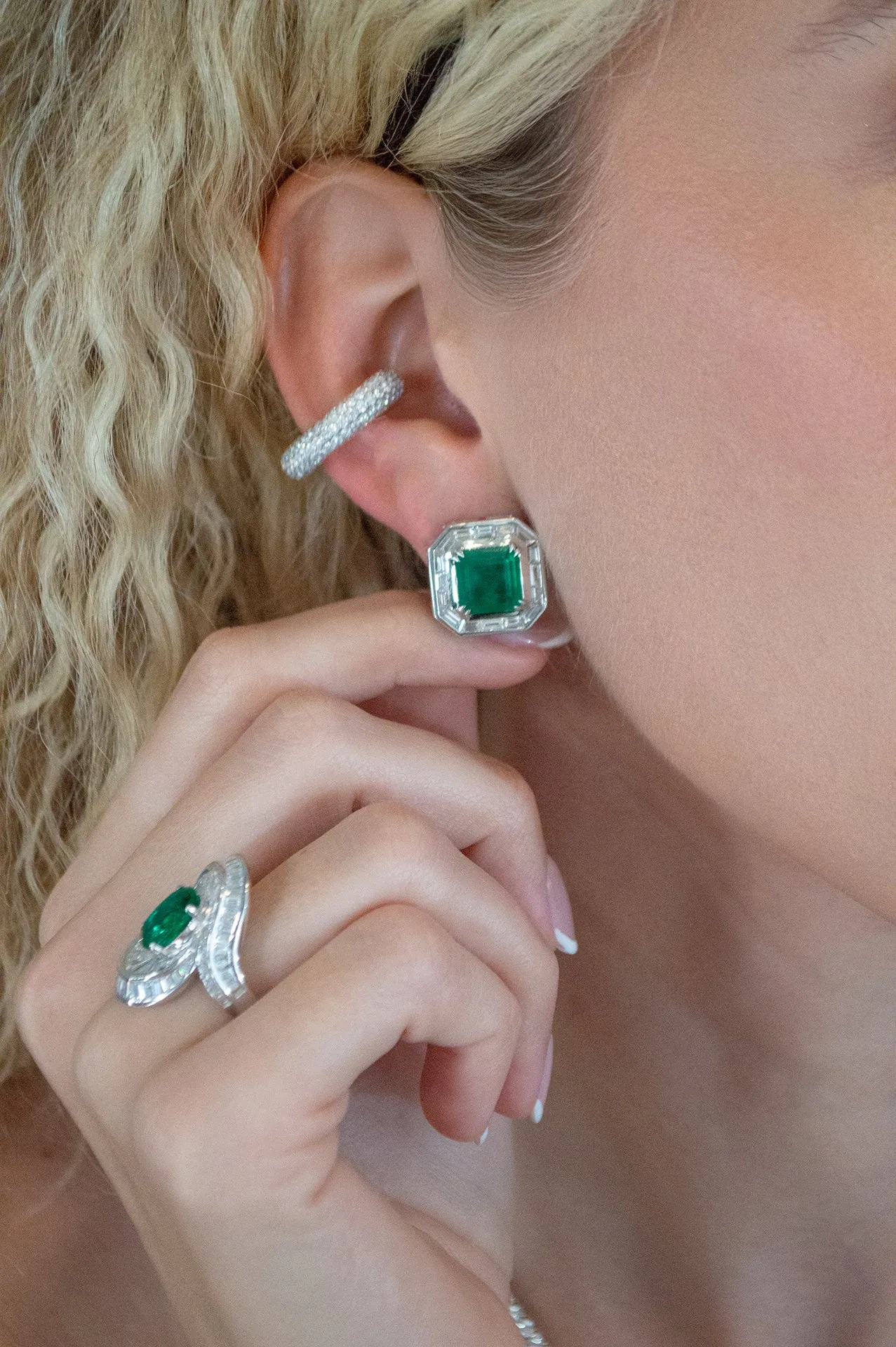 10.02ct Emerald Diamond 18K Gold Halo Earrings sold by Wish Fine Jewelry product image thumbnail 2