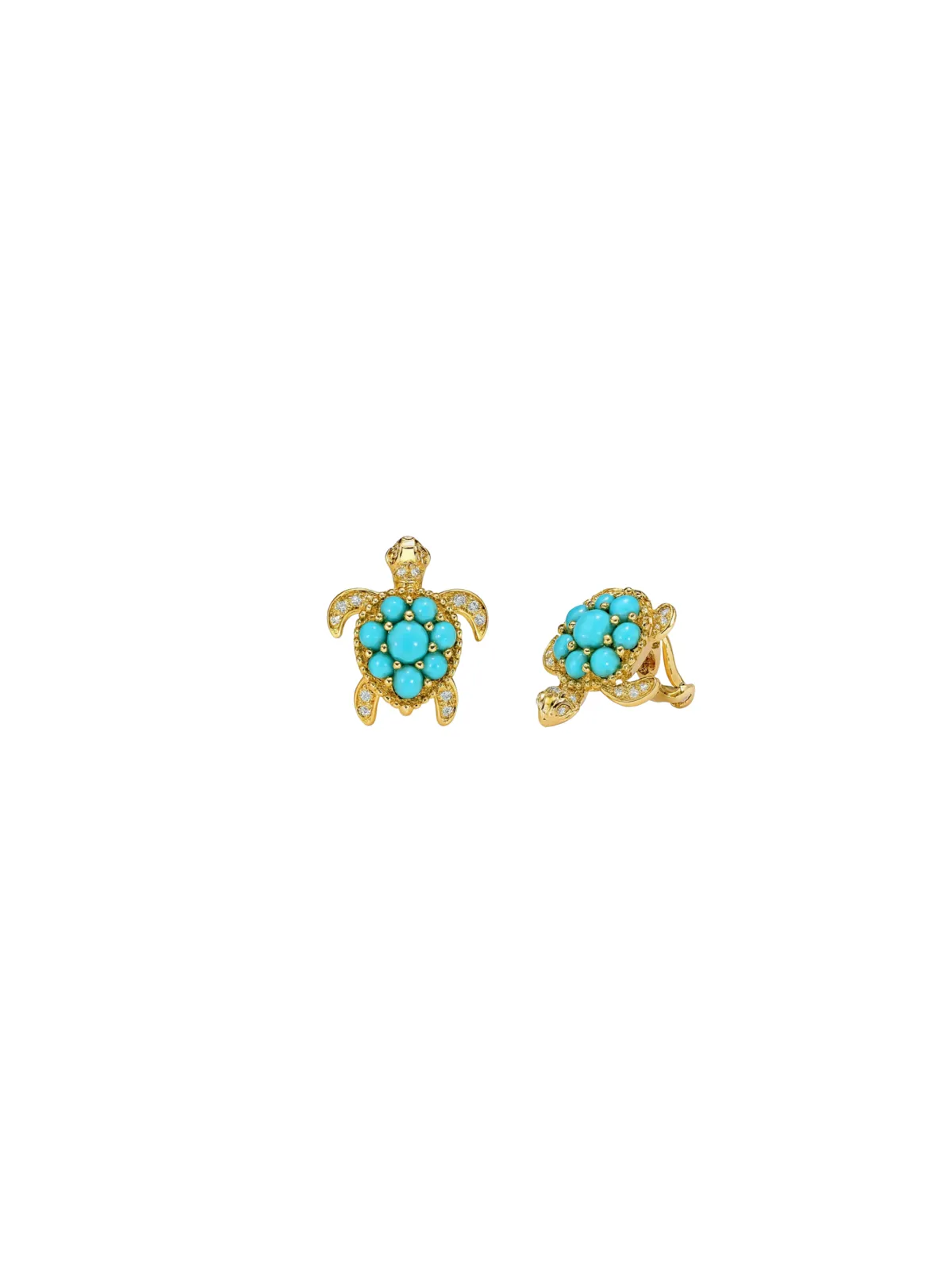 0.77ct Diamond Turquoise 14K Gold Cluster Turtle Earrings sold by Wish Fine Jewelry