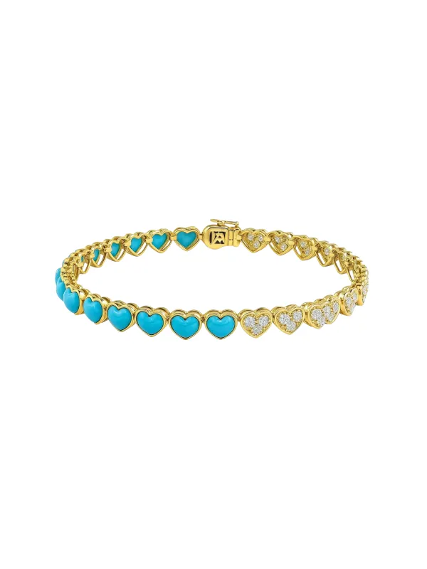7.16ct Turquoise Diamond 14K Gold HeartTennis Bracelet sold by Wish Fine Jewelry