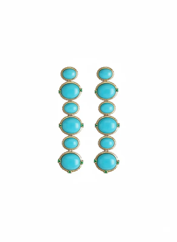 30.09ct Diamond Emerald Turquoise 18K Gold Statement Drop Earrings sold by Wish Fine Jewelry