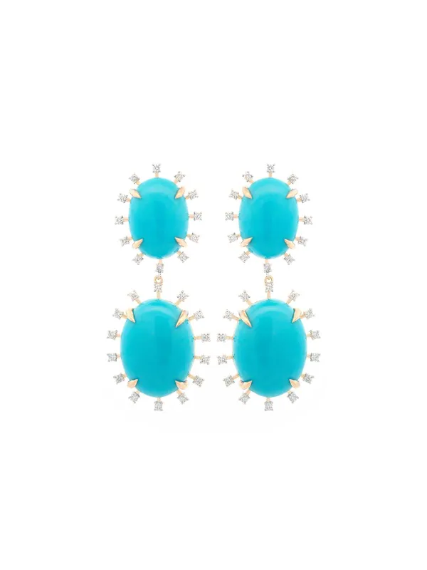 44ct Diamond Arizona Turquoise 18K Gold Sunburst Dangle Drop Earrings sold by Wish Fine Jewelry
