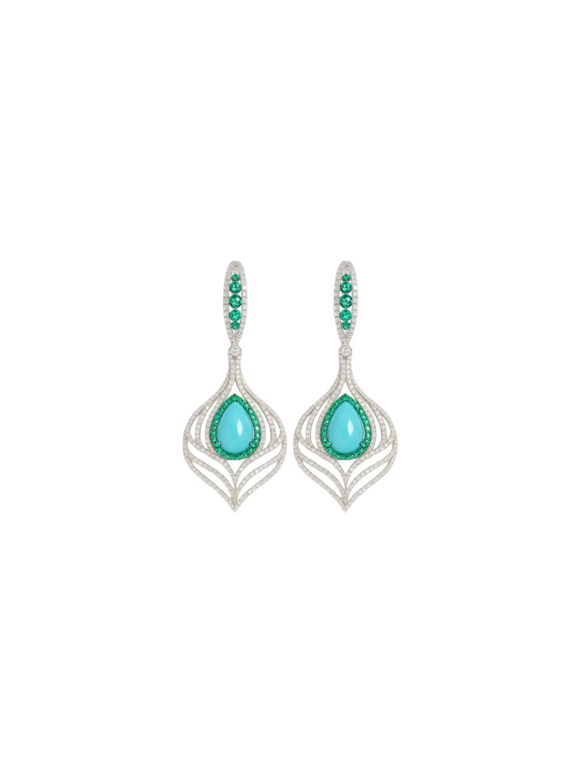 7.21ct Diamond Emerald Turquoise 18K Gold Statement Drop Earrings sold by Wish Fine Jewelry