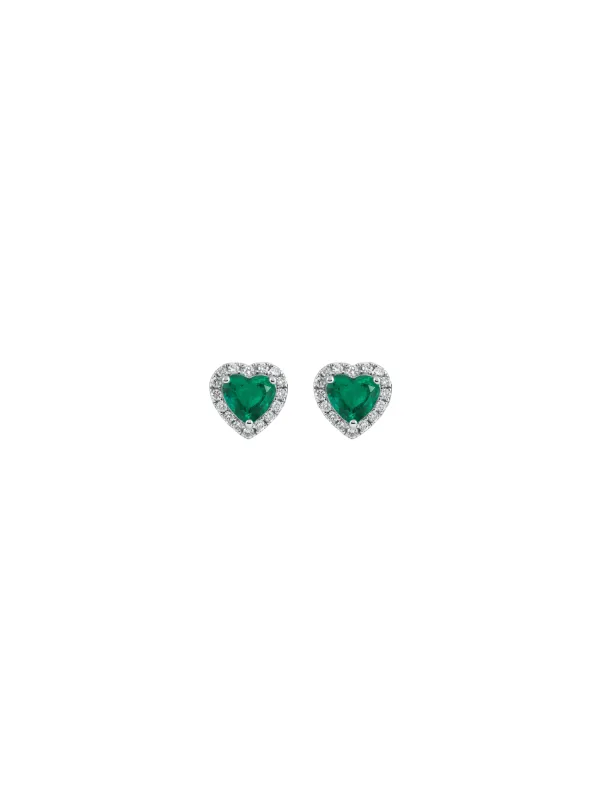 0.87ct Emerald Diamond 18K Gold Heart Halo Stud Earrings sold by Wish Fine Jewelry