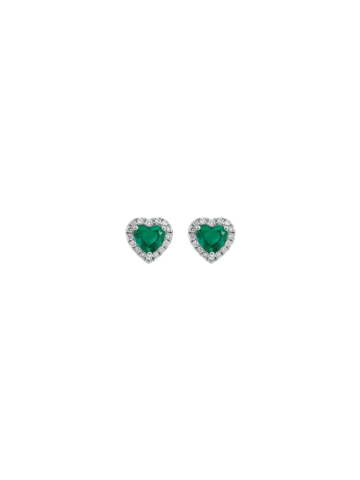 0.87ct Emerald Diamond 18K Gold Heart Halo Stud Earrings sold by Wish Fine Jewelry