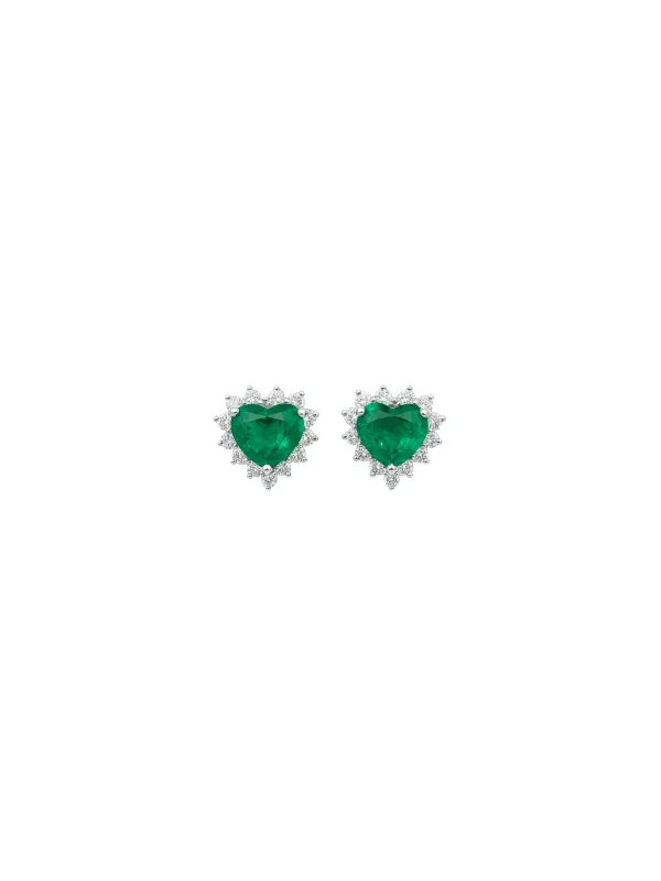 1.68ct Emerald Diamond 18K Gold Heart Halo Stud Earrings sold by Wish Fine Jewelry