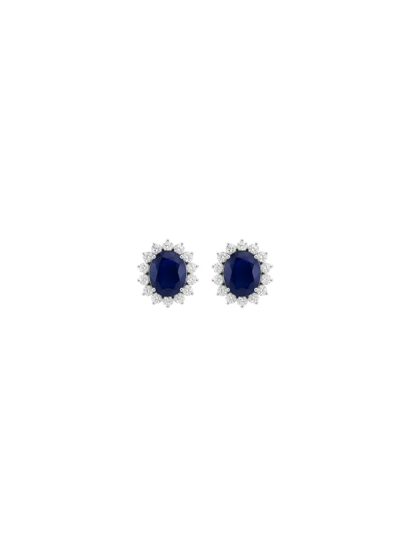 9.24ct Diamond Blue Sapphire 18K Gold Halo Stud Earrings sold by Wish Fine Jewelry