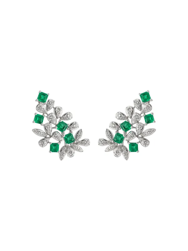 2.88ct Diamond Emerald 18K Gold Leaf Climber Earrings sold by Wish Fine Jewelry