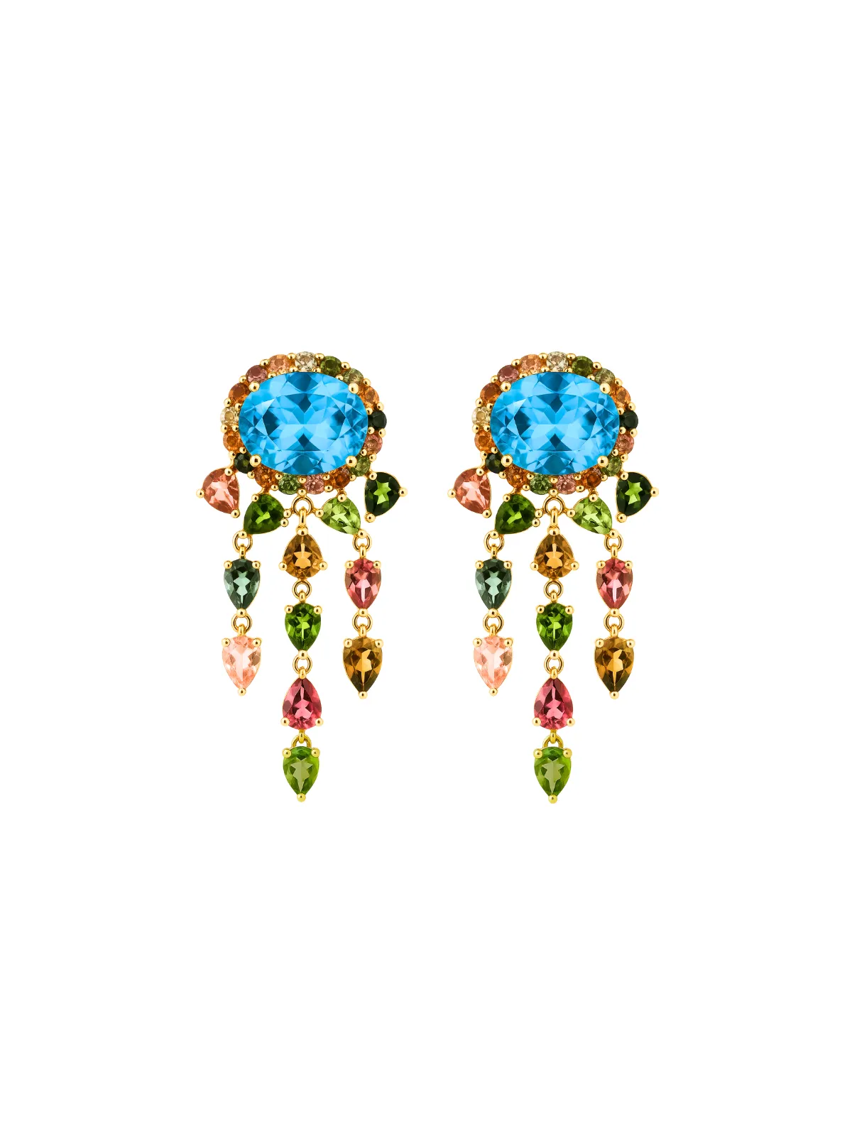 12.25ct Topaz Tourmaline 18K Gold Statement Cascade Earrings sold by Wish Fine Jewelry