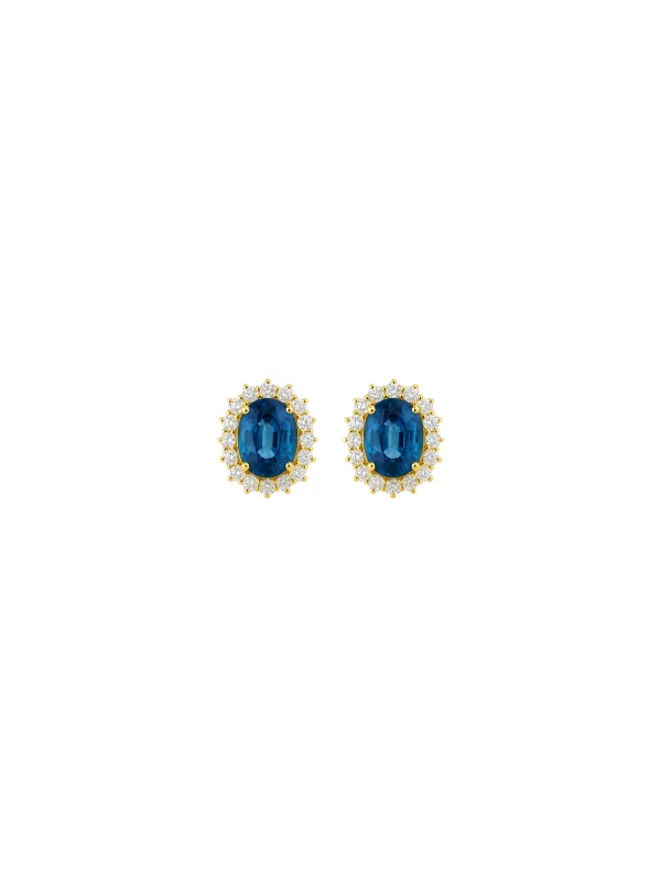 3.20ct Diamond Blue Sapphire 18K Gold Sunburst Halo Stud Earrings sold by Wish Fine Jewelry