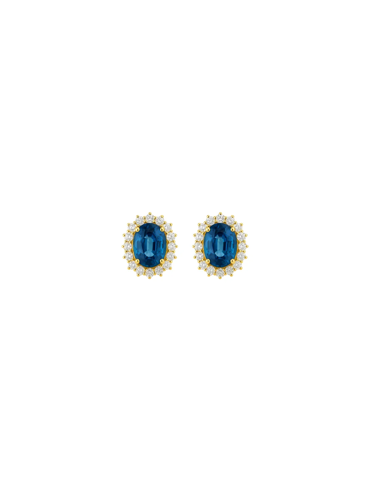 3.20ct Diamond Blue Sapphire 18K Gold Sunburst Halo Stud Earrings sold by Wish Fine Jewelry