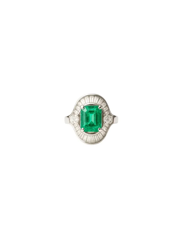 3.40ct Diamond Emerald Platinum Halo Cocktail Ring sold by Wish Fine Jewelry