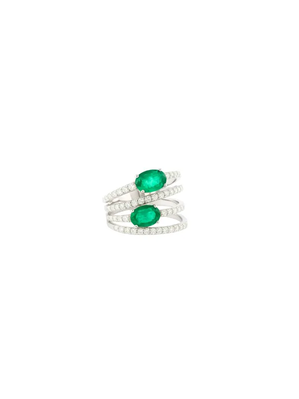 1.50ct Diamond Emerald 18K Gold Multi Row Ring sold by Wish Fine Jewelry