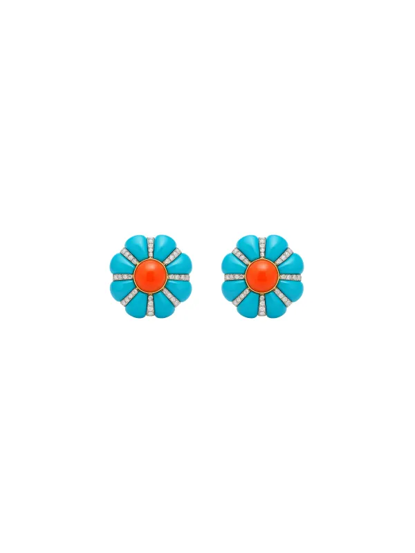 16.05ct Diamond Turquoise Coral 18K Gold Flower Stud Earrings sold by Wish Fine Jewelry