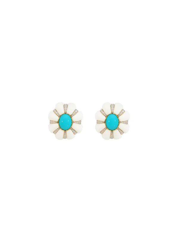 17.12ct Diamond Turquoise White Opal 18K Gold Stud Earrings sold by Wish Fine Jewelry