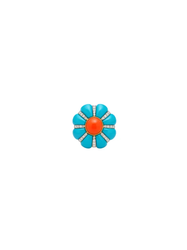 19.71ct Diamond Turquoise Coral 18K Gold Flower Ring sold by Wish Fine Jewelry
