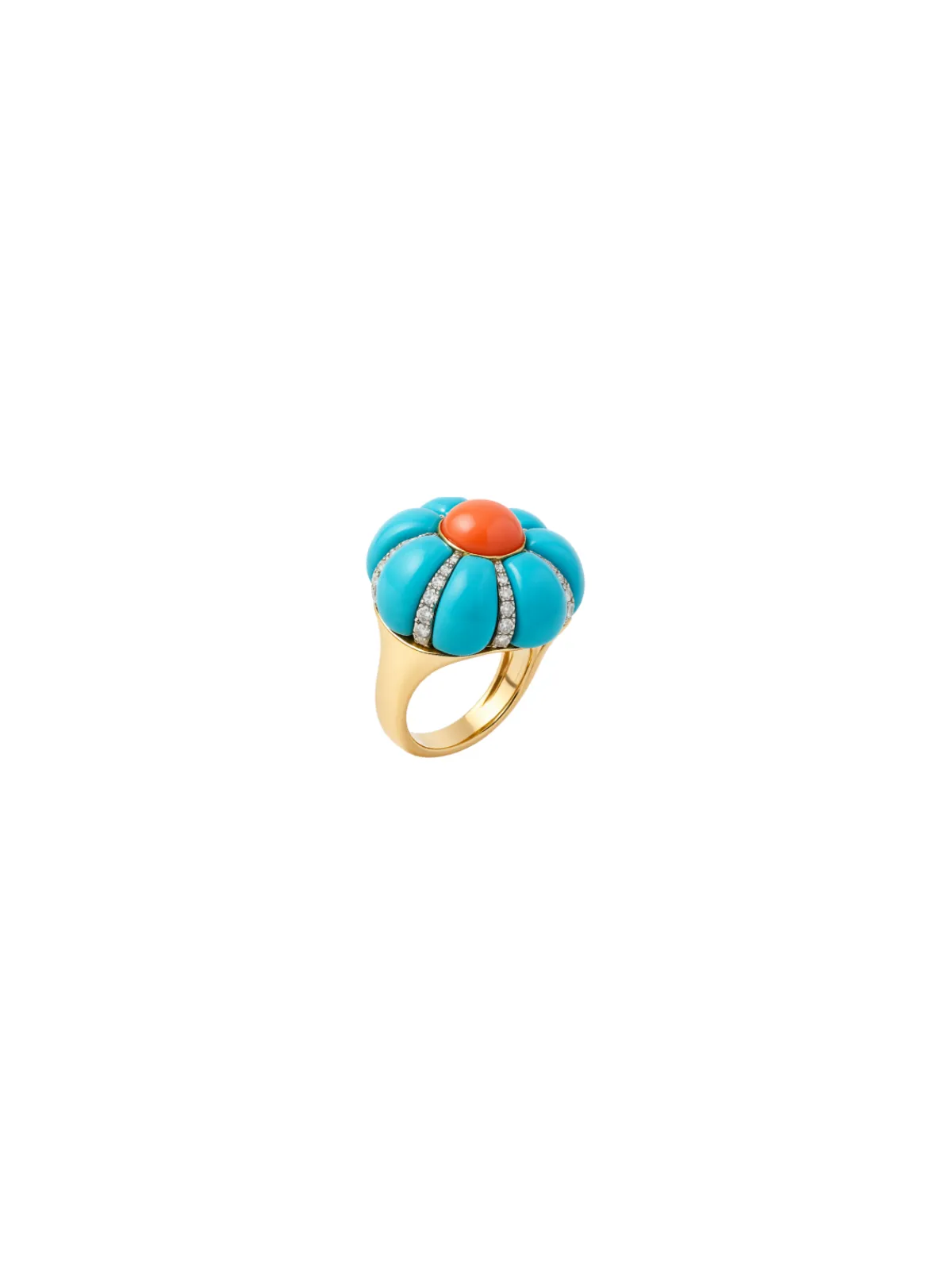 19.71ct Diamond Turquoise Coral 18K Gold Flower Ring sold by Wish Fine Jewelry product image thumbnail 2