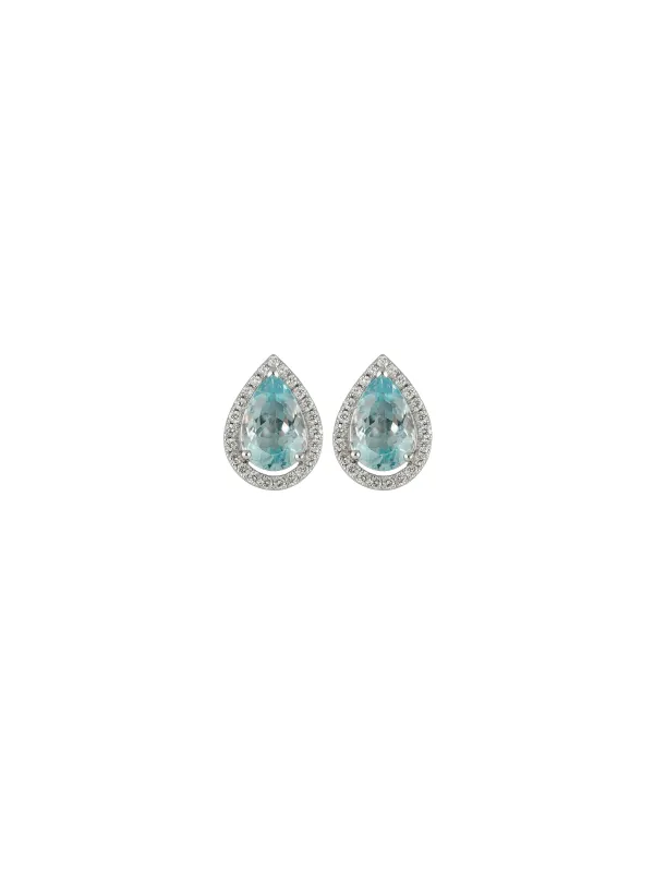 6.16ct Diamond Aquamarine 18K Gold Pear Halo Stud Earrings sold by Wish Fine Jewelry