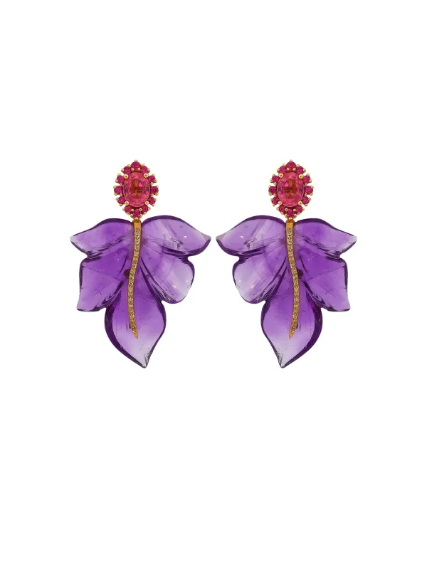 55.82ct Diamond Tourmaline Amethyst 18K Gold Carved Leaf Earrings sold by Wish Fine Jewelry