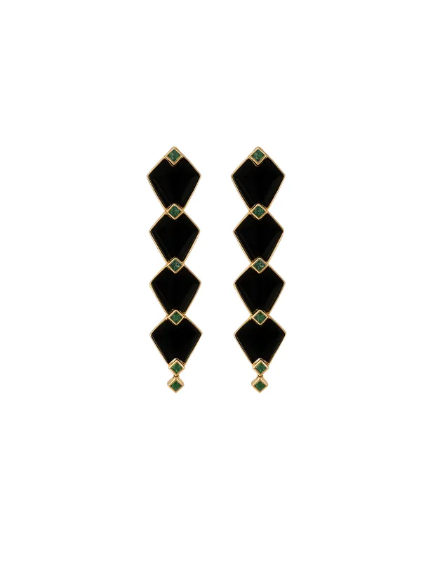 14.60ct Onyx Emerald 18K Gold Statement Cascade Earrings sold by Wish Fine Jewelry