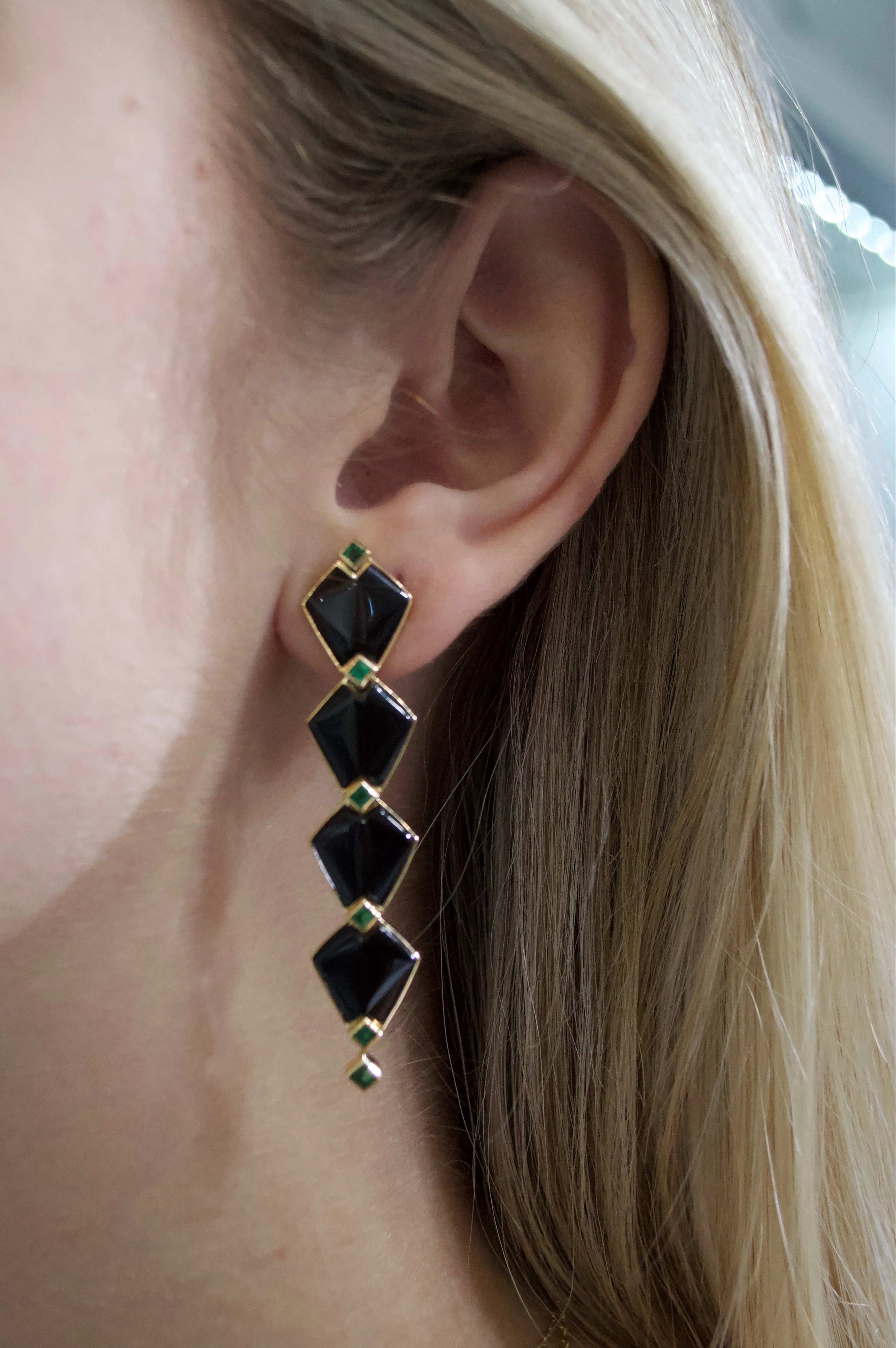14.60ct Onyx Emerald 18K Gold Statement Cascade Earrings sold by Wish Fine Jewelry product image thumbnail 2
