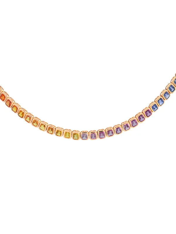 20.31ct Multi Color Sapphire 14K Gold Bezel Emerald Cut Half Necklace sold by Wish Fine Jewelry