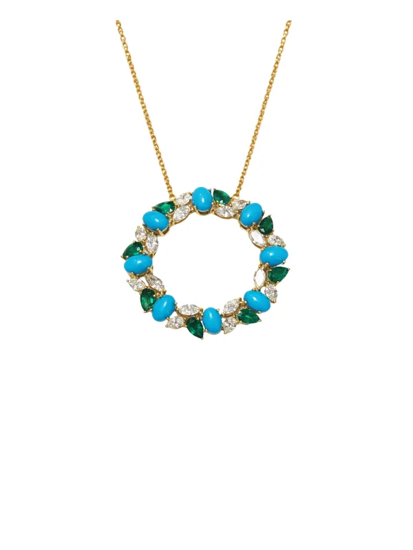 6.81ct Emerald Turquoise Diamond 18K Gold Pendant Necklace sold by Wish Fine Jewelry