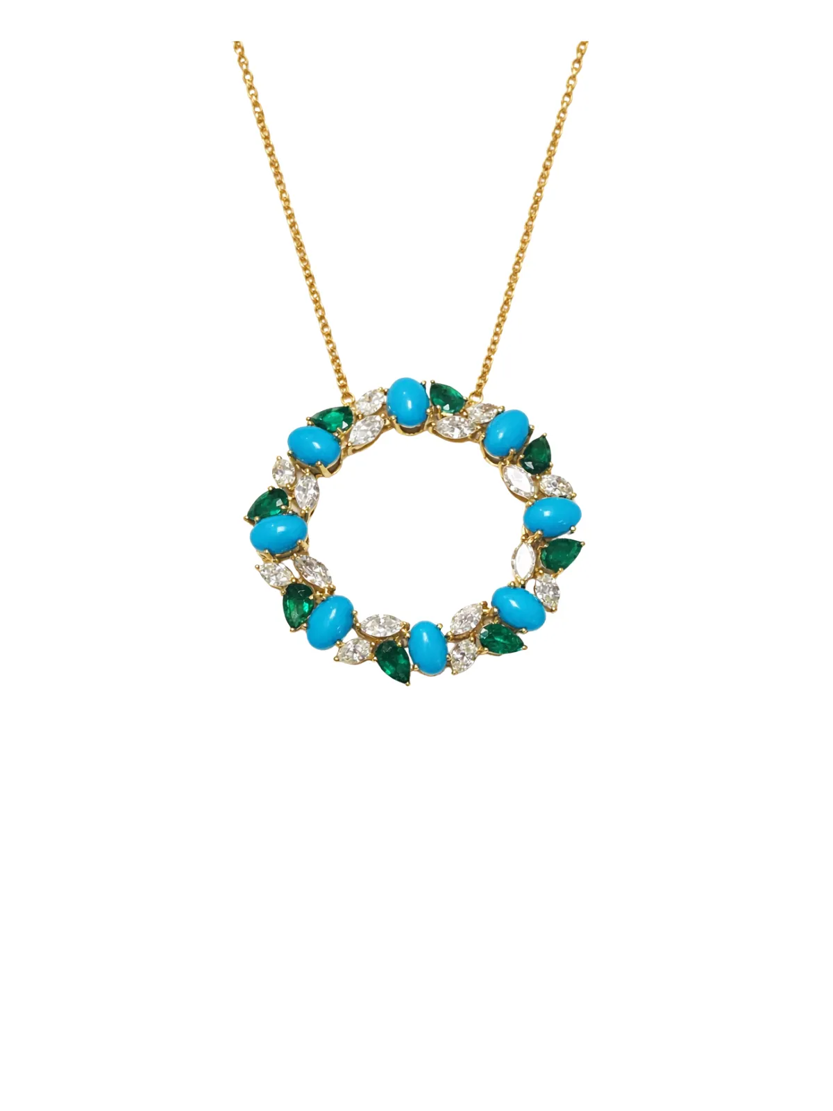 6.81ct Emerald Turquoise Diamond 18K Gold Pendant Necklace sold by Wish Fine Jewelry