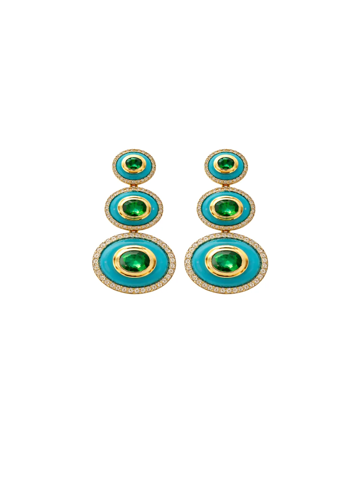 22.19ct Diamond Emerald Turquoise 18K Gold Drop Earrings sold by Wish Fine Jewelry