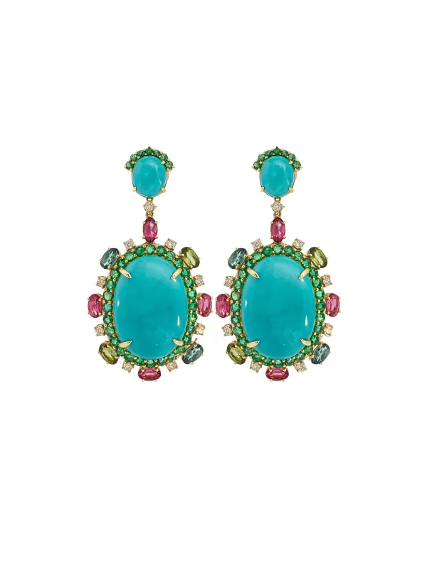 37.00ct Turquoise Emerald Tourmaline Diamond 14K Gold Drop Earrings sold by Wish Fine Jewelry