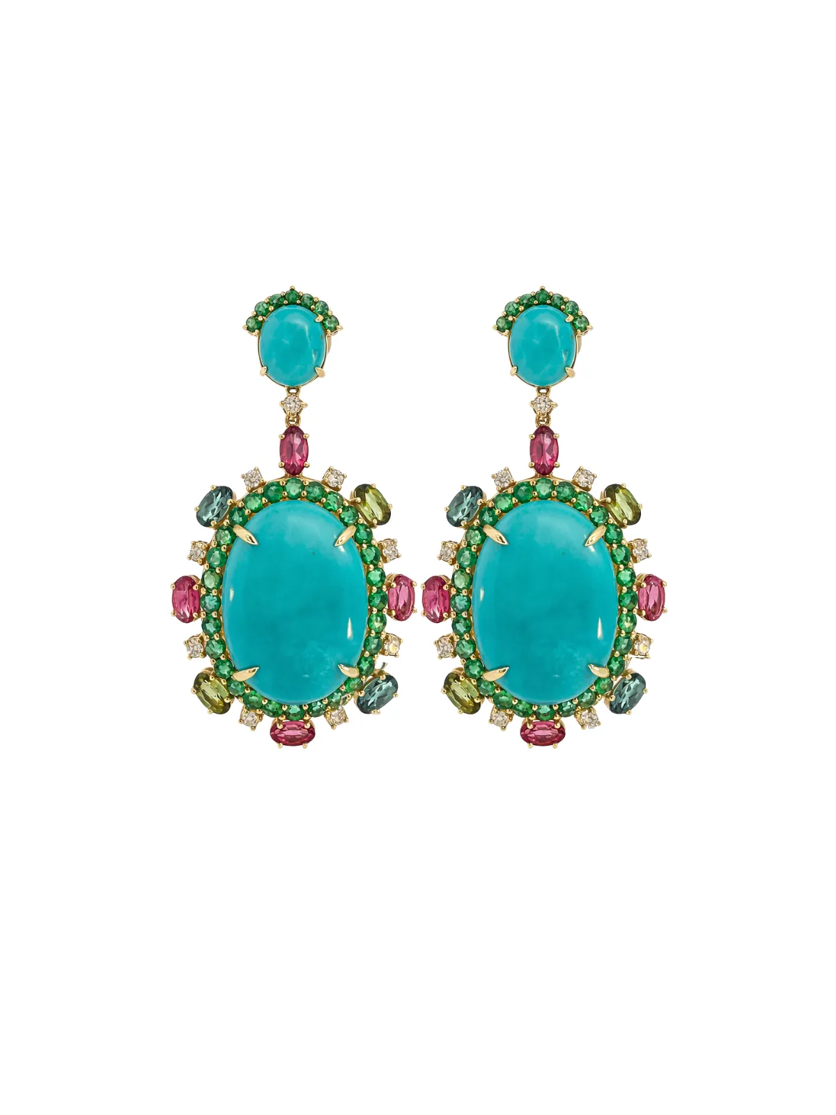 37.00ct Turquoise Emerald Tourmaline Diamond 14K Gold Drop Earrings sold by Wish Fine Jewelry