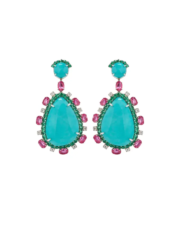 37ct Turquoise Diamond Emerald Tourmaline 14K Gold Drop Earrings sold by Wish Fine Jewelry