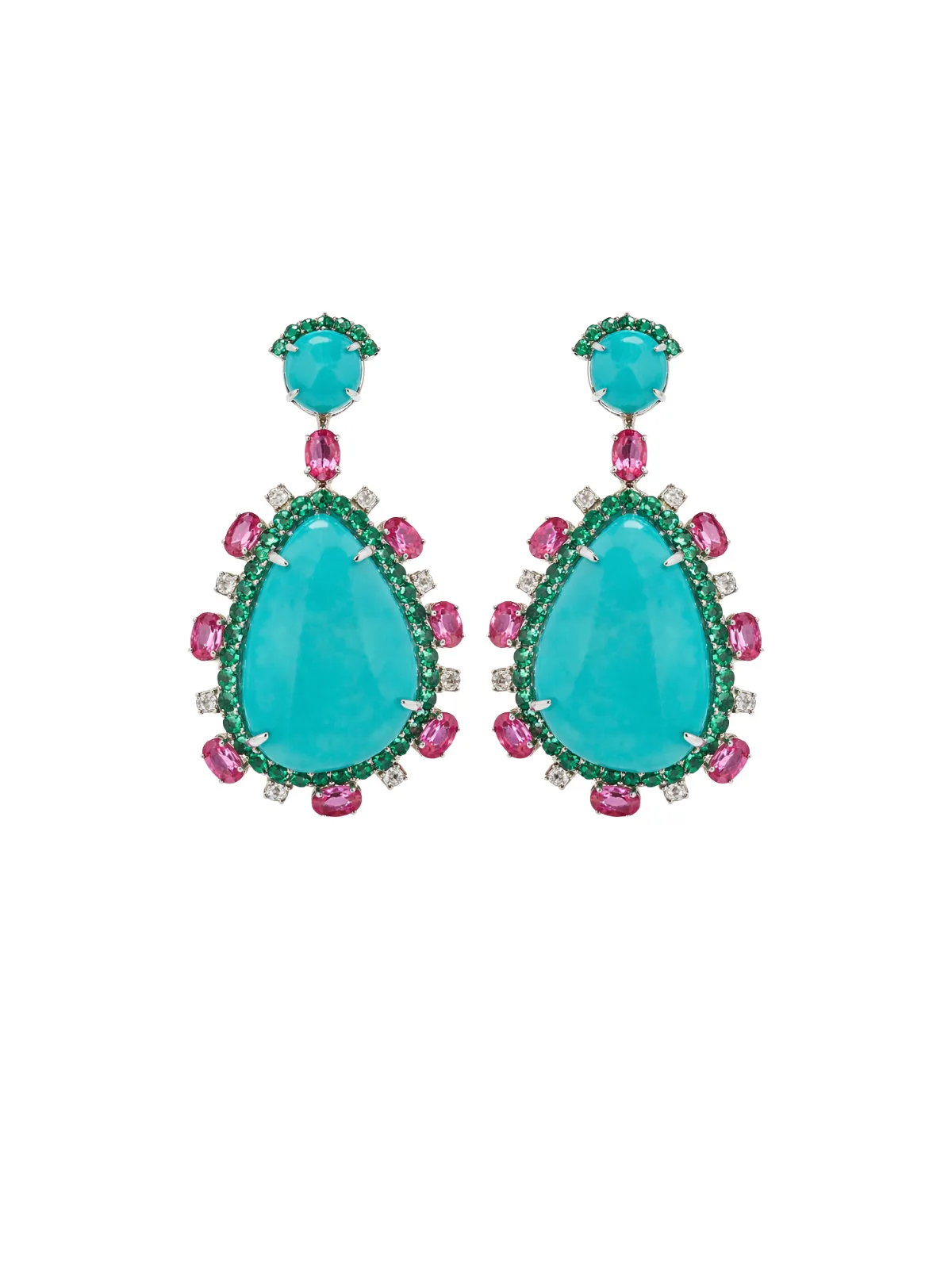 37ct Turquoise Diamond Emerald Tourmaline 14K Gold Drop Earrings sold by Wish Fine Jewelry