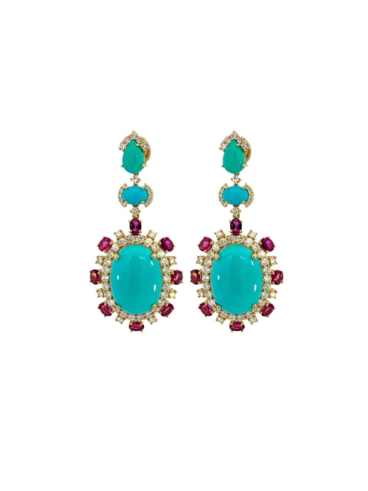 26.13ct Turquoise Diamond 14K Gold Drop Statement Earrings sold by Wish Fine Jewelry