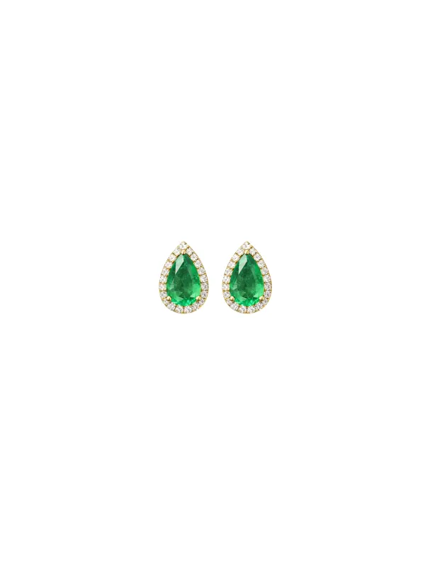 1.52ct Emerald Diamond 18K Gold Pear Halo Stud Earrings sold by Wish Fine Jewelry