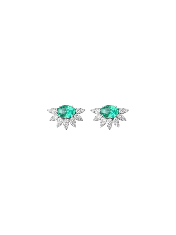 2.34ct Diamond Emerald 18K Gold Half Halo Stud Earrings sold by Wish Fine Jewelry