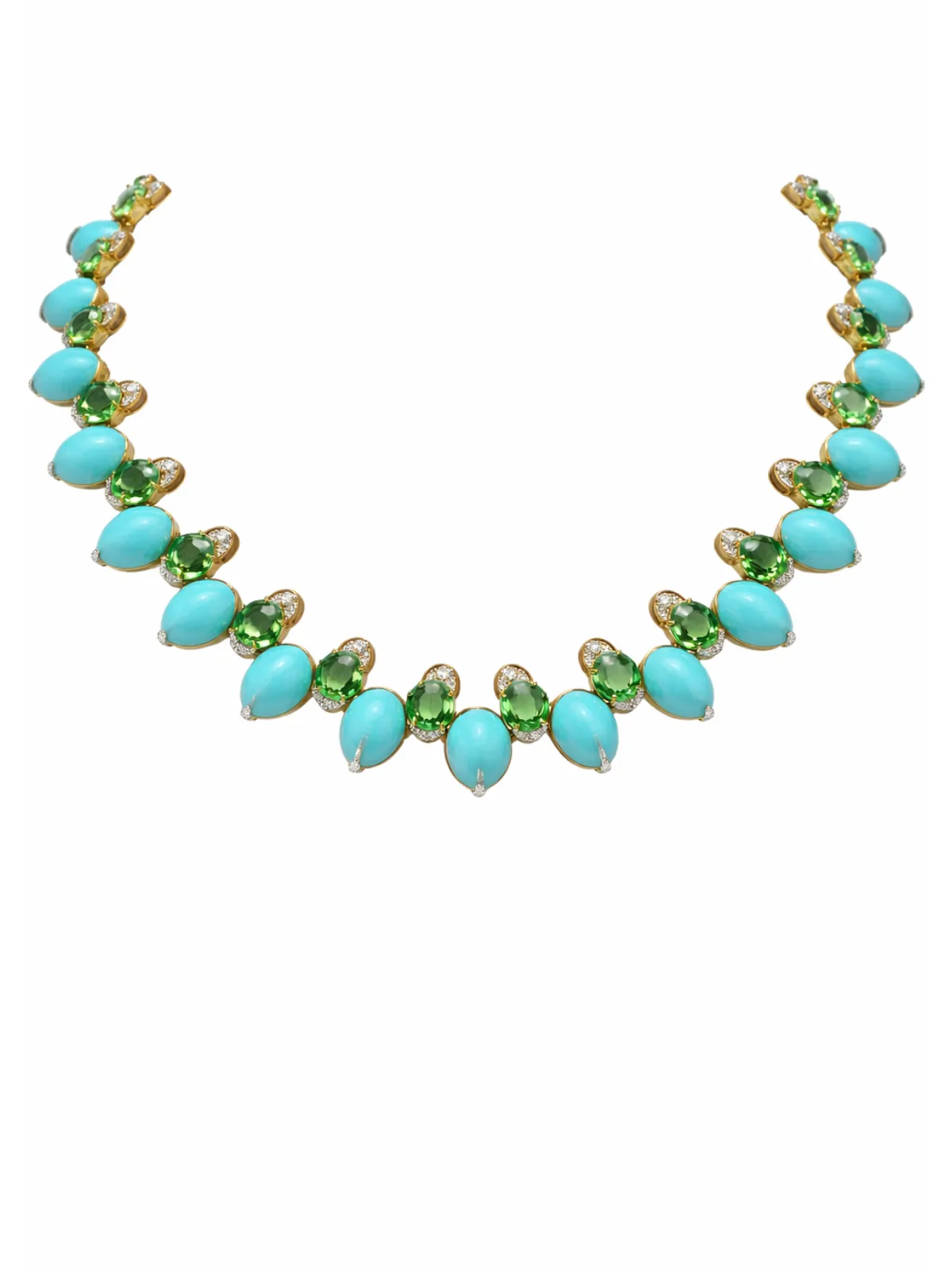 184.90ct Turquoise Emerald Diamond 18K Gold Statement Necklace sold by Wish Fine Jewelry
