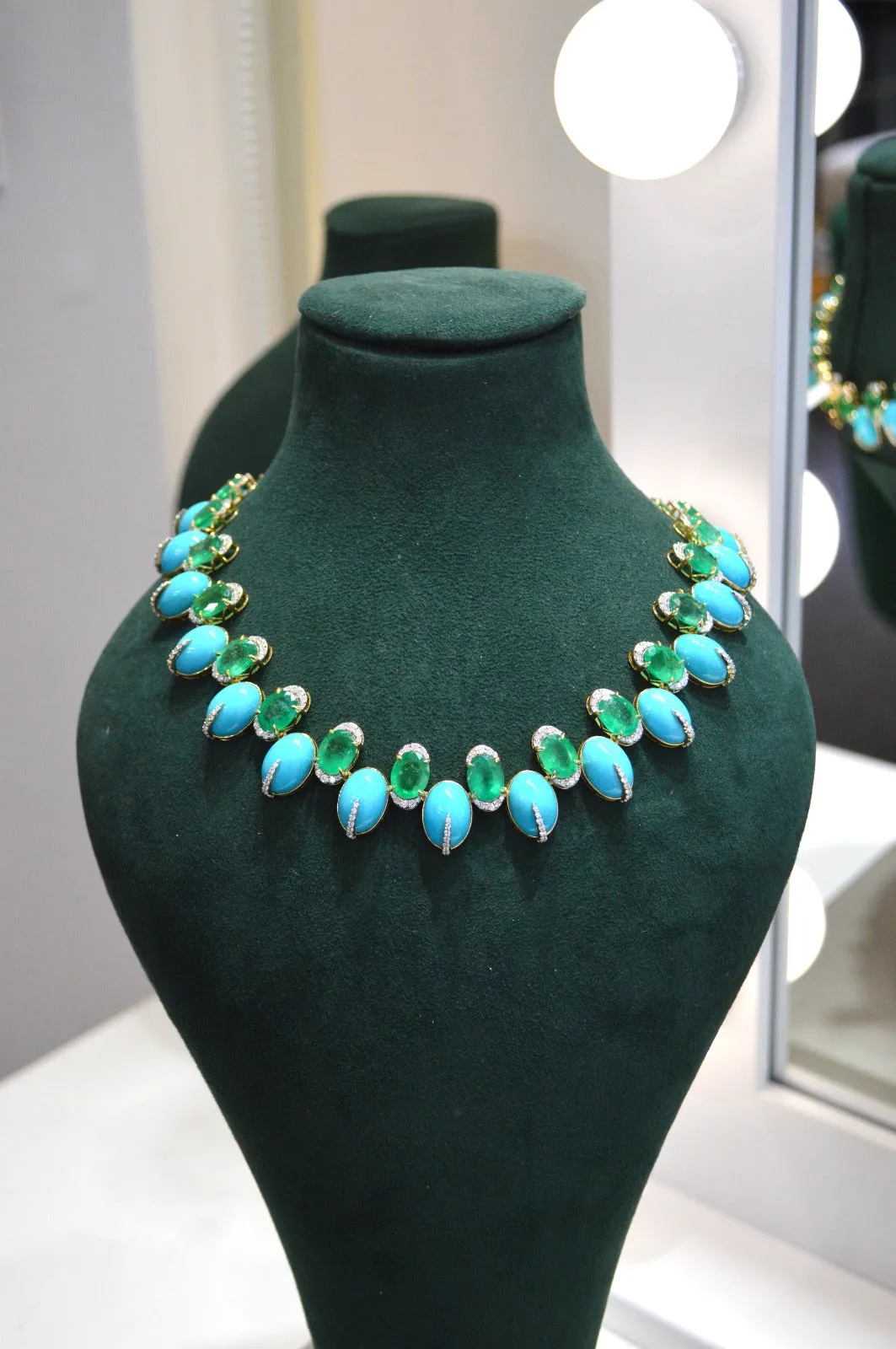 184.90ct Turquoise Emerald Diamond 18K Gold Statement Necklace sold by Wish Fine Jewelry product image thumbnail 2