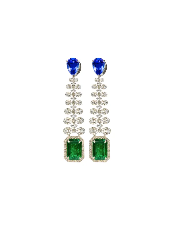 12.26ct Diamond Emerald Sapphire 18K Gold Dangle Drop Earring sold by Wish Fine Jewelry