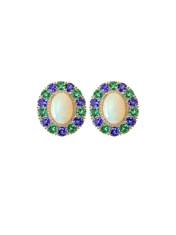 20.36ct Diamond Emerald Opal Tanzanite 18K Gold Halo Statement Earrings sold by Wish Fine Jewelry
