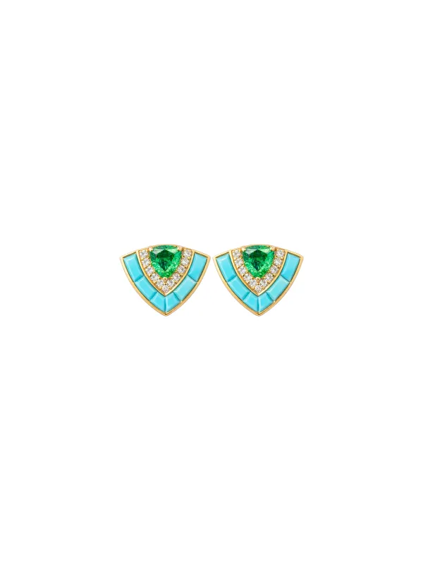 3.31ct Diamond Emerald Turquoise 18K Gold Stud Earrings sold by Wish Fine Jewelry