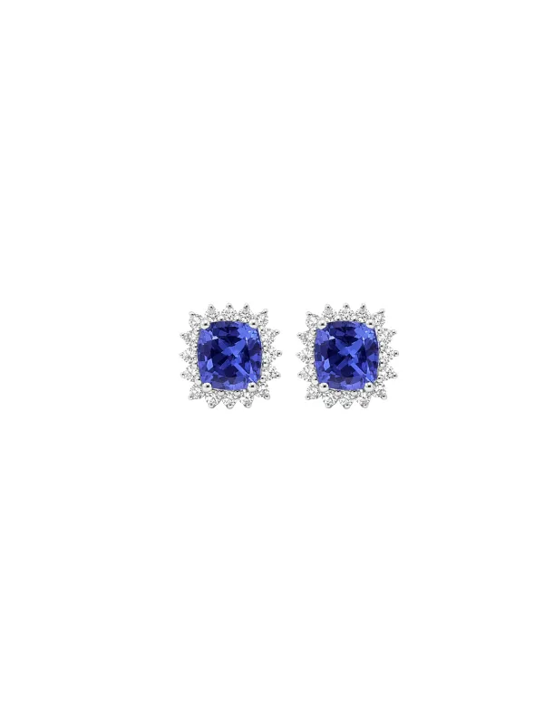 3.48cts Diamond Tanzanite 18K Gold Cushion Halo Stud Earrings sold by Wish Fine Jewelry