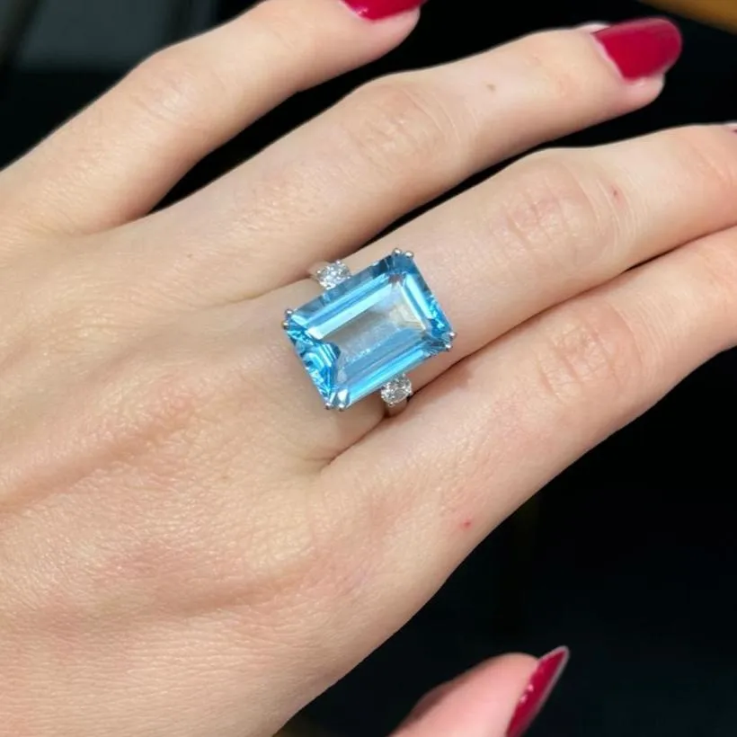 10.90ct Blue Topaz & Diamond 18K Gold Cocktail Ring sold by Wish Fine Jewelry product image thumbnail 2