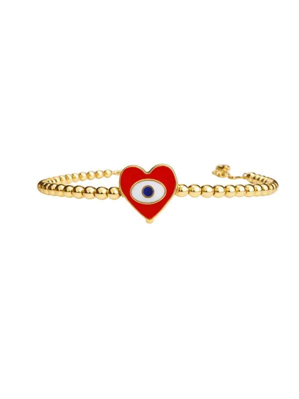 14K Red Heart Evil Eye Half Bangle Bracelet sold by Wish Fine Jewelry