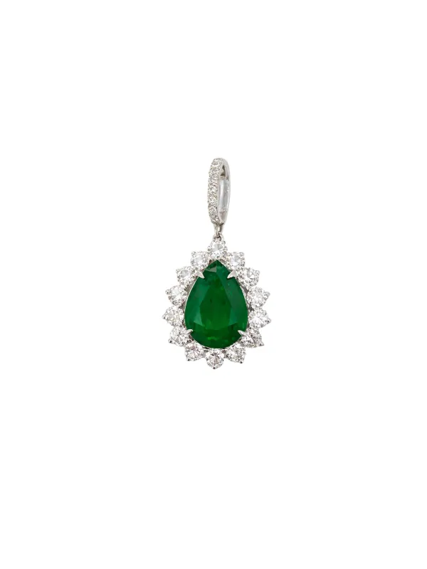 11.11ct Emerald Diamond 18K Gold Pear Halo Pendant made by Wish Fine Jewelry