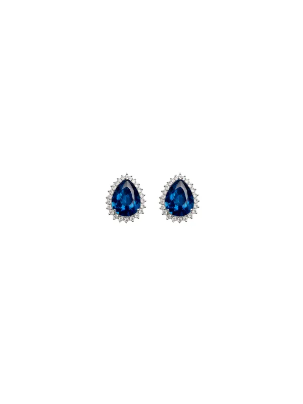 2.50ct Diamond Blue Sapphire 18K Gold Halo Pear Stud Earrings sold by Wish Fine Jewelry